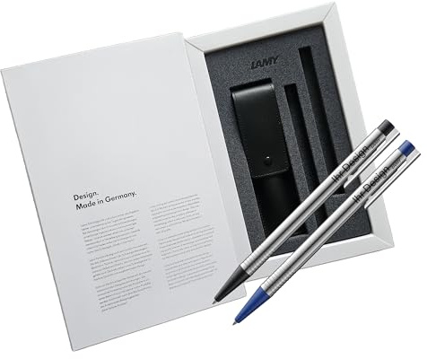 Lamy Geschenk-Set logo matt/schwarz und matt/blau - jeweils ein Kugelschreiber (205) in Geschenkverpackung mit Lederetui - inkl. Gravur (Lasergravur)