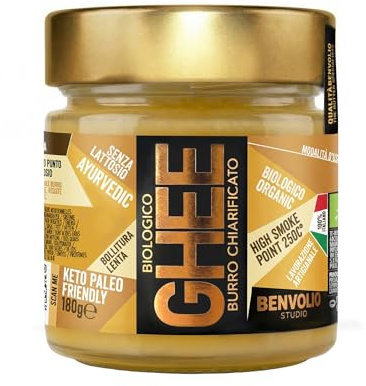 Benvolio Ghee Burro Chiarificato Biologico 100% Italiano 180g | Ghi Tradizionale Ayurvedic | Senza Lattosio, Keto & Paleo | Alto Punto di Fumo 250°C | Ideale per Bulletproof Coffee e Cucina Ayurvedica