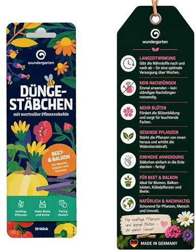 1x 30 Stück Bio Düngestäbchen für Beet & Balkon – Wundergarten – Mit Pflanzenkohle – Langzeitdünger für Blumen, Kräuter & Gemüse – Einfache Anwendung ohne Flüssigdünger