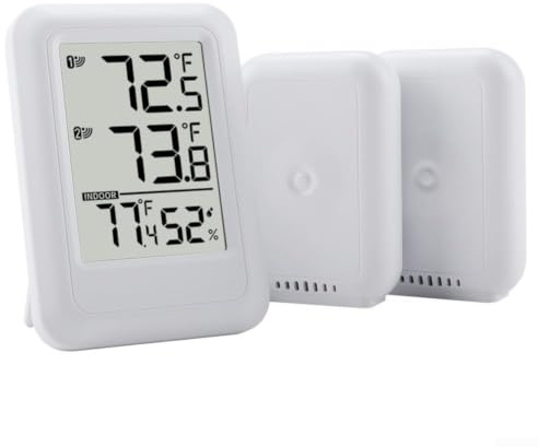 Wireless Thermometer Hygrometer With 2 Outdoor Sensors, Digital Weather Station For Home Garden Greenhouse, Indoor Outdoor Temperature Humidity Monitor, Max Min Record, 100m Range, White