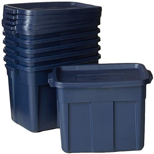 Rubbermaid Roughneck Tote 18 Gal, 6 Pack, Made in USA, Dark Indigo Metallic, Rugged Plastic Stackable Storage Bins with Lids and Handles