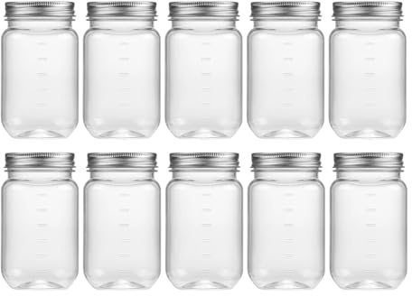 novelinks 16 oz Clear Plastic Jars with Lids, Refillable 16oz Mason Jars with Lids & Storage Containers for Kitchen & Household Use (10 Pack,Silver)