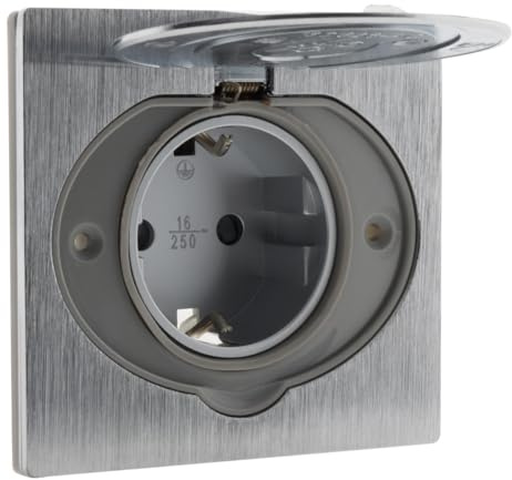 Zenitech, 16 A IP44 Schuko-Bodensteckdose aus gebürstetem Aluminium mit Schutzabdeckung, Ø 67 mm Unterputzdose aus mehreren Materialien, automatische Verdrahtung, Schraubbefestigung