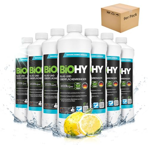 BiOHY Rengöringsmedel för glas och yta (9 x 1l flaska) | Koncentrat av alkoholrenare | Universalrengöringsmedel | Intensiv & hållbar rengöringsmaskinrengöring (Oberflächenreiniger)