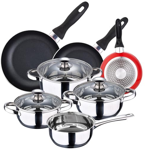 San Ignacio Set 3 sartenes, Batería 7 piezas Faro, Ø16/Ø20/Ø24 cms rojo, aluminio prensado, antiadherente, inducción