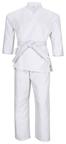 MACS Martial Arts Karate Uniform with Elastic Pants and Drawstring for Kids Adults 9oz Middle Weight Student gi with Free Belt(Black and White) (White, 3)