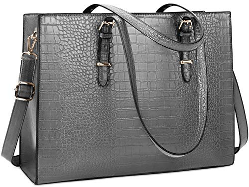 Lubardy Laptop Bags for Women Tote Bag 15.6 Inch Leather Large Ladies Handbag Work Bag Designer Business Shoulder Shopping Office Bag Grey