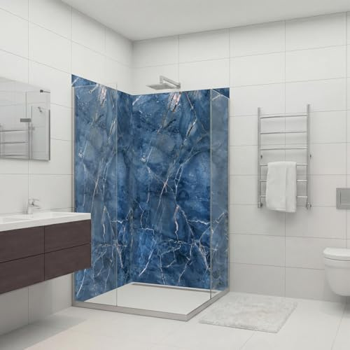 dedeco Eck-Duschrückwand wasserfest Motiv: Marmor V6, UV-Lack glänzend, 2 x 90x200 cm, Badrückwand, Fliesenersatz fugenlos Wandverkleidung Duschplatte Duschrückwände aus Aluminium, Made in Germany