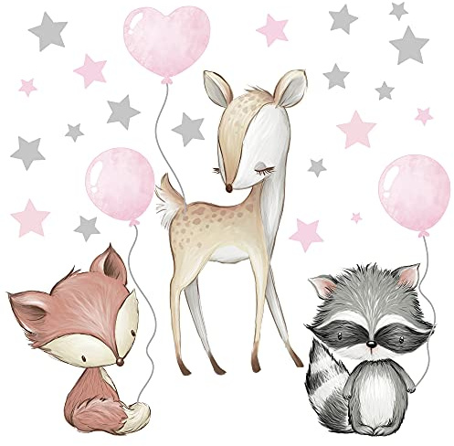 Pandawal Wandtattoo Waldtiere mit Luftballon Sterne Tiere Wandaufkleber Kinderzimmer Deko Wandbilder Baby Reh Fuchs Waschbär Rosa