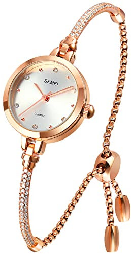 SKMEI Women's Fashion Watch, Silver, Rose Gold, Ultra Slim Case, Water Resistant, Quartz Movement, Bracelet, Adult, Female, Casual Watch