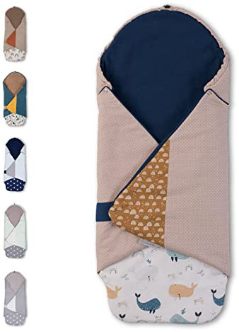 ULLENBOOM Einschlagdecke Babyschale Sommer, Aus 100% OEKO-TEX Materialien - Wale (Made in EU) - Decke für Babyschale & Kinderwagen, Für gängige Kindersitze, ideal für 0 bis 9 Monate