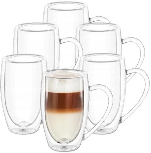 Wilmax - Verres thermiques à double paroi avec anse - Lot de 6-500 ml - Lot de verres à latte macchiato - Verres à cappuccino avec anse - Verres à café à thé, à boire, Tasses thermiques