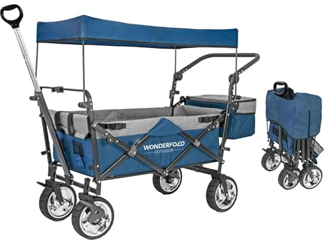 WONDERFOLD S4 Push & Pull Folding Utility Cart with Brakes, Removable Canopy, Telescopic Pull Handle & Adjustable Push Handle, 150 lb Capacity, Navy