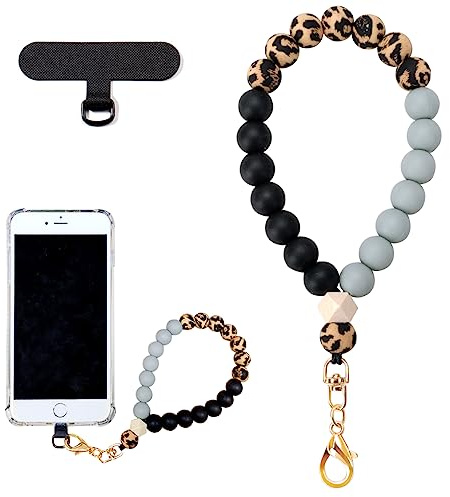 VICHUNHO Marble Silicone Beaded Phone Wrist Strap, Cellphone Lanyard with Tether Tab, Elastic Hands-Free Wristlet Bracelet