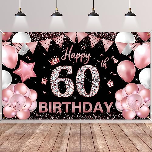 60.Geburtstag Banner Roségold Schwarz,BTZO 60.Geburtstagsbanner,Deko 60 Geburtstag Dekoration Banner Hintergrund für 60 Frauen und Männer Geburtstagsfeier Deko