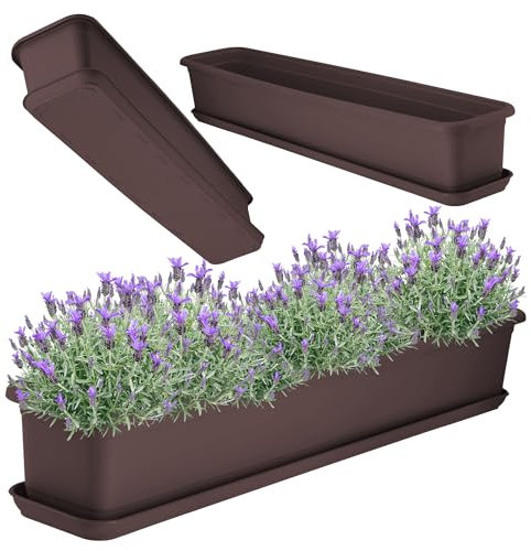 KADAX Jardinera de 80 cm marrón con platillo - Jardinera de balcón de plástico para interior y exterior Maceta para balcón, terraza, alféizar de ventana