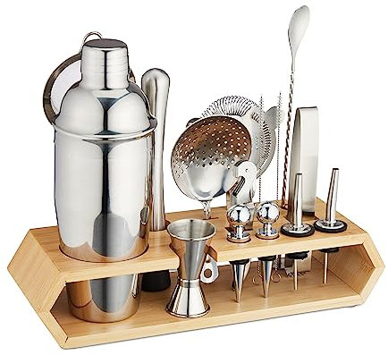 Relaxdays Kit à Cocktails, Lot de 16 pièces avec Support, Shaker, Jigger, Acier Inoxydable & Bambou, argenté - Nature