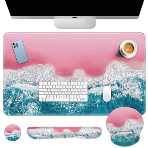 Britimes Blue Sea Ensemble de tapis de souris 4 en 1 avec grand tapis de souris + repose-poignet pour clavier + repose-poignet + dessous de verre au design ergonomique pour ordinateur de bureau à