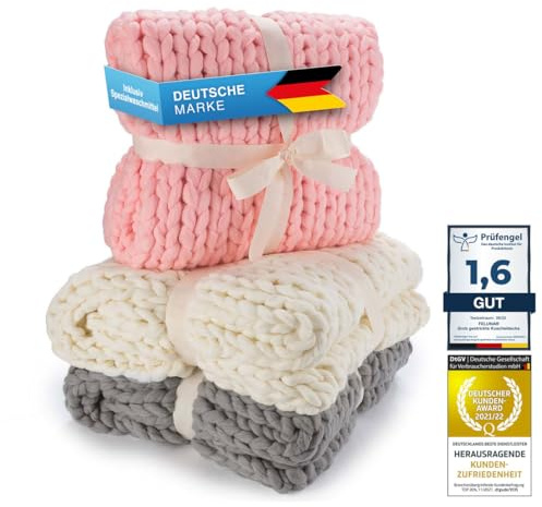 Feluna® Grobstrickdecke 180x120 cm – Kuscheldecke Sofa Überwurf Blütenrosa | Handgefertigte Strickdecke mit Kaschmir-Touch – kein Kratzen, AZO-frei, inkl. Spezialwaschmittel