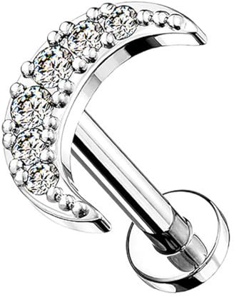 Taffstyle Piercing Stab Stecker Ohrpiercing Cartilage Ohr Tragus Helix Stud Lippe Labret Lippenpiercing Knorpel Barbell Ohrring Platte Glitzer Strass Blatt Halbmond Silber 8mm