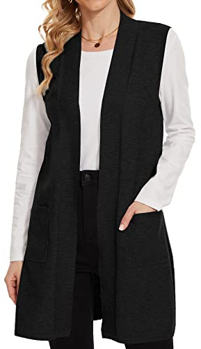 breezy lane Cardigan da donna senza maniche, a costine, aperto sul davanti, drappeggiato, gilet lungo maglione con tasche