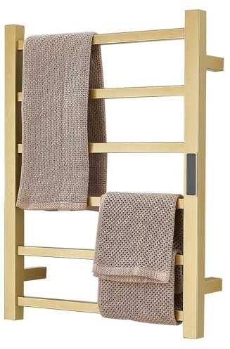 XMGJ Portasciugamani Elettrico Oro con Timer, Radiatore Scaldasalviette Elettrico 80W per Bagno, 6 Barre Asciuga Salviette A Parete, Termoarredo Elettrico in Acciaio Inossidabile 304,Hardwired