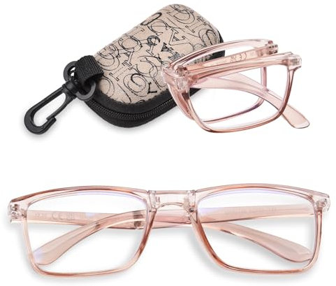 YUKANG Faltbare Lesebrille Damen und Herren, Tragbare Brille Superleichte Anti-Müdigkeit, Blaulichtfilter Lesehilfe für Senioren Sehhilfe mit Blendfreie UV Brille (Durchsichtig Hellrosa 2.0)