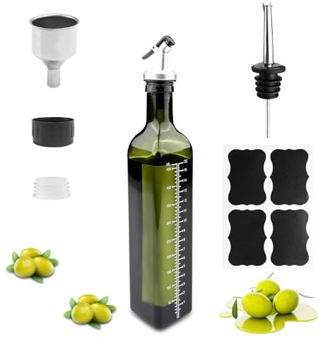 Gvolatee bouteille huile olive 500ml, Distributeur D'huile D'olive avec Bec Verseur, entonnoir en acier inoxydable, étiquettes, Récipient vinaigre en verre pour Cuisine, Grillades, Cuisson, Salade