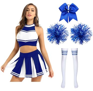 MSemis Cheer-Leader Kostüm Damen 4-teiliger Cheerleading Tanzen Uniform Set Crop Top +Faltenrock + Pompons+Haarband +Socken für Karneval Kostüm Blau A L