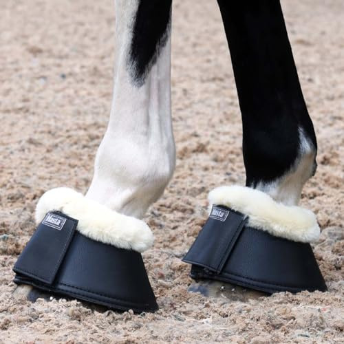 Masta Leather Look Over Reach Horse Boots - Faux Fur Trim, Durable, Lightweight, Secure Hook and Loop Fastening, Set of 2 FULL Black