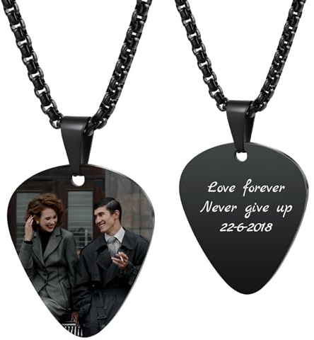 MunkiMix Personalisierte Gitarren Plektrum Halskette für Männer Frauen Coole Charme Felsen Stil Graviert mit Text/Foto Edelstahl Gitarren Anhänger Geschenke für Musikliebhaber (B2)