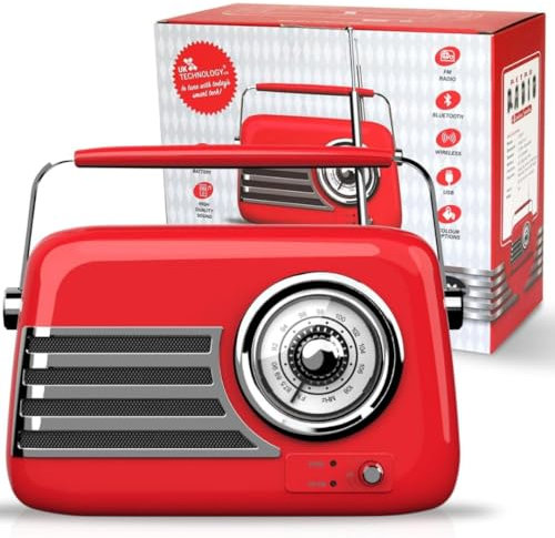 UK Technology Retro Radio, Radios Mains And Battery, Portable FM Radio Bluetooth Speaker, Rechargeable Battery, Vintage FM, Easy To Use, Transistor, Large Dial, USB Plug In (Red)