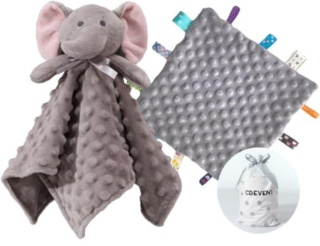 CREVENT Cozy Plush Baby Security Blanket Loveys for Baby Boys and Girls, Minky Dot Front + Sherpa Backing with Animal Head (Grey Elephant + Tag)