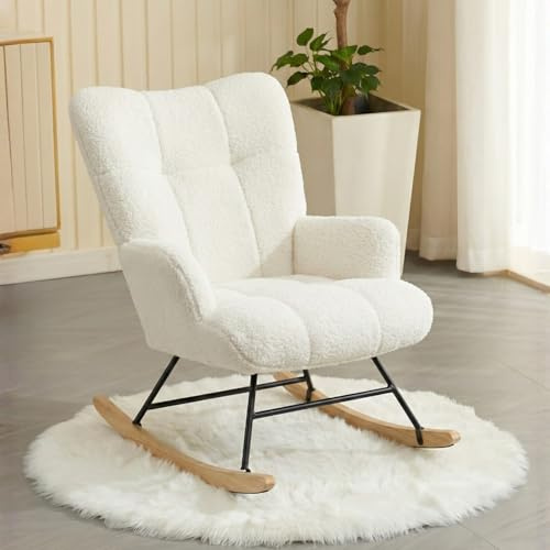 Alivio Comfortable Rocking Chair, Teddy Rocking Arm Chair for Nursery with High Backrest for Living Room Bedroom Balcony (White)