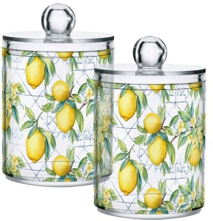 CHIFIGNO Juego de 2 dispensadores de limones de acuarela, frascos de plástico transparente de boticario, organizador de almacenamiento para almohadillas de algodón, bola de algodón, hisopos de