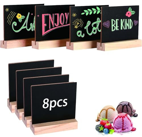 FeiOne 8 Stück Schiefertafel zum Beschriften, Kreidetafel Aufsteller mit Holzsockel, Doppelseitige Kleine Kreidetafel, Tischkarten Preisschilder Platzkarten