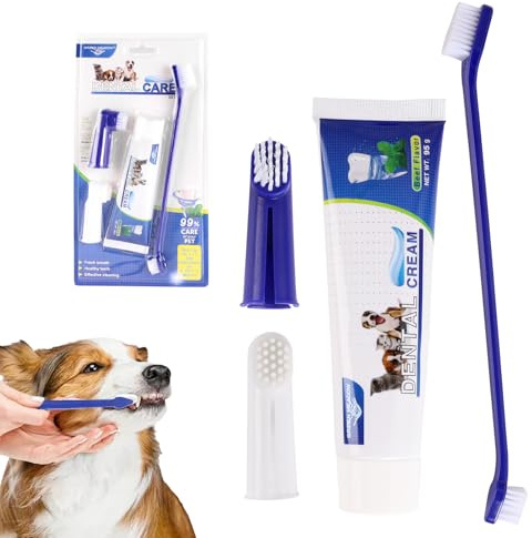 Hunde Zahnpflege Set, Hundezahnpasta Gegen Zahnstein und Hundezahnbürste Fingerzahnbürste Set, Hunde Zahnbürste, Zahnpflege für Hund und Katzen, Entfernt Plaque und Mundgeruch (blau)