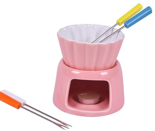 KANLVU Ceramics Fondue Mug Chocolate Melting Pot with Forks Cheese Fondue Sets for Tapas On Christmas, Valentine's Day or Birthday Cheese Fondue Sets(Pink)