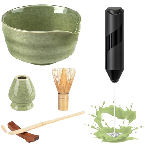Matcha Set mit Elektrische Milchaufschäumer, enthält Matcha-Schüssel, Matcha Bambus-Teebesen, Schneebesenständer, Bambusschaufel, Löffelablage, 6 - teiliges für japanische Teezeremonie (ohne pulver)