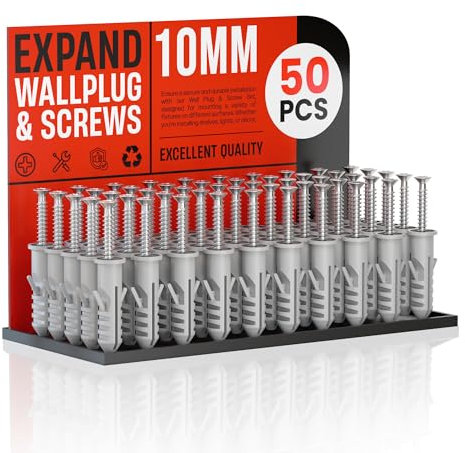 50 Pcs Grey Wall Plug and Screw Set Masonry Screws, Expansion Anchor Bolts), M6 M8 Wall Plugs and Screws, for Brick Concrete Drywall Self Tapping Screw (10mm)