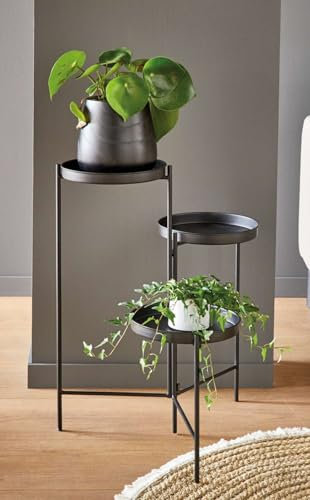 Dekoleidenschaft Pflanzenständer Modern aus Metall, matt schwarz, für 3 Blumen, 60 cm hoch, klappbar, Blumentreppe