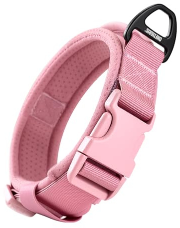 OneTigris Hundehalsband Kleine Hunde, Taktisches Hundehalsband mit Griff, Weich Gepolstert Breites mit Kunststoffschnalle und Ring aus Aluminiumlegierung, Rosa, S(30-40cm)