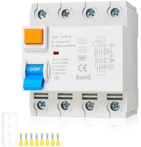 TIHOOK FI Schutzschalter Typ B 40A 30mA 4 Polig, Fehlerstromschutzschalter Allstromintensiv, FI-Schalter DIN Hutschiene, RCD Schalter