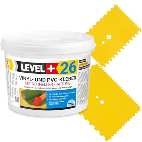 Level Plus 26 Vinylkleber PVC LVT CV Paneele Teppich 12 kg Vinyl Fliesen | Bodenbeläge Flex Klebstoff Bodenkleber Lösemittelfrei Schnelle Haftung + 2 St. Zahnspachtel Set