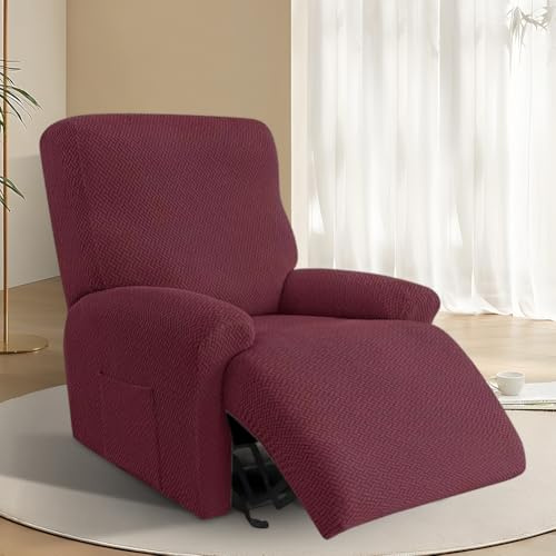 XJJAUGKLY 4er Set Sesselschoner für Relaxsessel, All-Inclusive Stretch Sessel üBerzug, Waschbar Sesselbezug mit Taschen, Sessel Bezug, Sofabezug, für Fernsehsessel Liege Sessel (Burgunderrot)