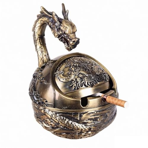 K COOL Vintage Ashtray with Lid for Cigarettes,Metal Windproof Smokeless Odorless Ash Tray Holder for outdoor indoor Decorative Hand-Carved Fancy Gift Ornament for Home Office (NEW Bronze Dragon)