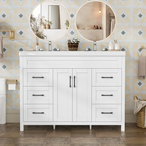 Buildonely 46.7 inch Bathroom Sink Vanity Combo, Large Freestanding Double Bath Vanity Sink Set with 1 Cabinets & 4 Drawers, Dual Basin Modern Bathroom Storage Cabinet, Modern White