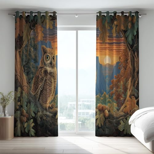 Weich Wärmeschutz Mehrfarbig Realismus Vorhänge Blickdicht Herbst Natur Eule Drucken Mikrofaser Vorhang-Set für Kinder Gardinen 2er Set H175 x B140 cm