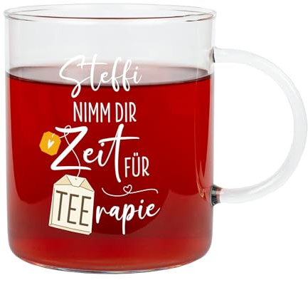 Herz & Heim® Leonardo Tasse aus Glas personalisierbar mit Name – XL Glastasse für Tee oder Kaffee – Geschenkidee mit Spruch (Teerapie)