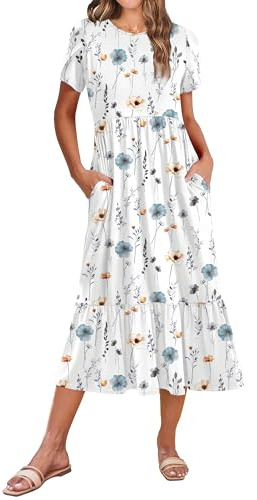 Zeagoo Robe d'été à manches courtes pour femme - Motif floral - Col rond - Robe midi - Robe de plage avec poches, blanc floral, M
